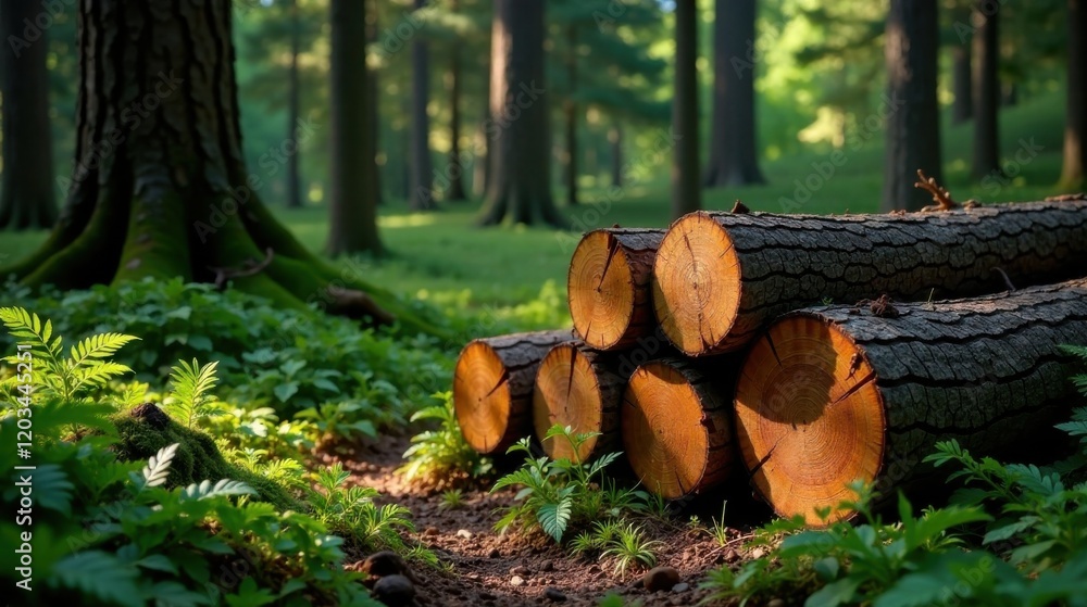 Sunlit Forest Logs Resting Amidst Lush Green Undergrowth Sunlit Forest Logs Resting Amidst Lush Green Undergrowth