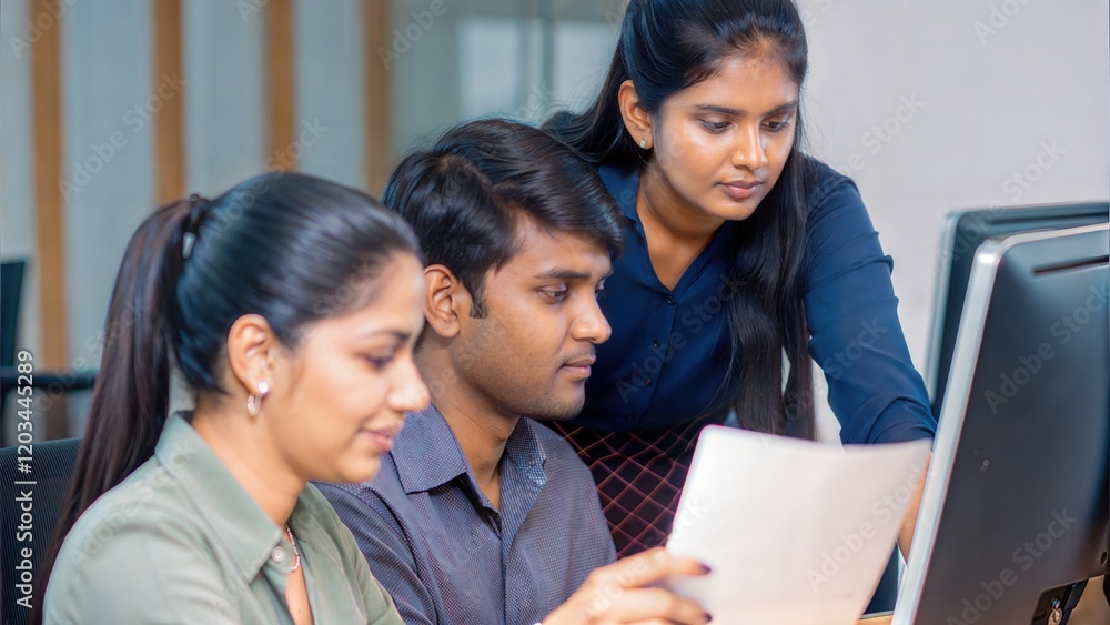 Indian team members engaged in office work around a desk.
Indian team members engaged in office work around a desk.