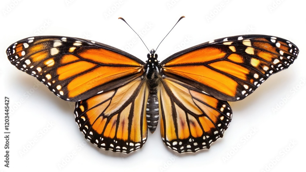 Fototapeta premium High-resolution top view of a Monarch butterfly (Danaus plexippus) on milkweed.