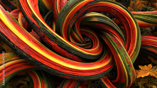Wallpaper Mural Abstract twisted strands in vibrant orange, red, yellow, and green hues, resembling textured ribbons or organic forms Torontodigital.ca