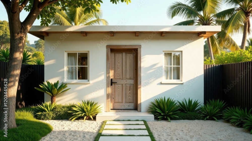 Fototapeta premium Serene Coastal Cottage with Private Garden Path and Lush Greenery