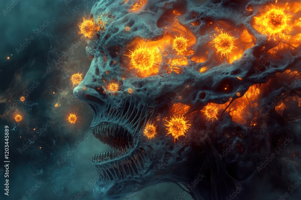 Eerie face with fiery elements and swirling smoke in dark atmosphere. Eerie face with fiery elements and swirling smoke in dark atmosphere.