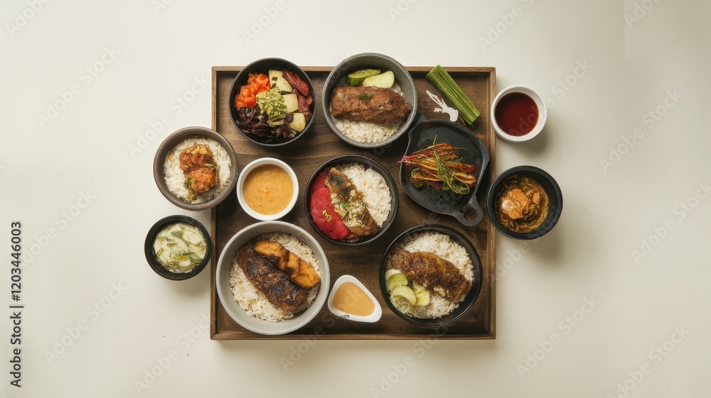Assorted bowls of food arranged on a wooden tray Assorted bowls of food arranged on a wooden tray