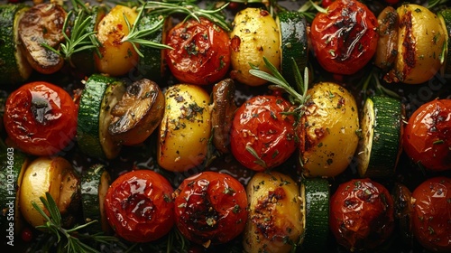 Roasted vegetable skewers with herbs in photorealistic shot