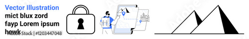 Lock symbol for security, person addressing chart, mountain graphs indicating growth. Ideal for data security, encryption, business analytics, market research, financial growth, presentations