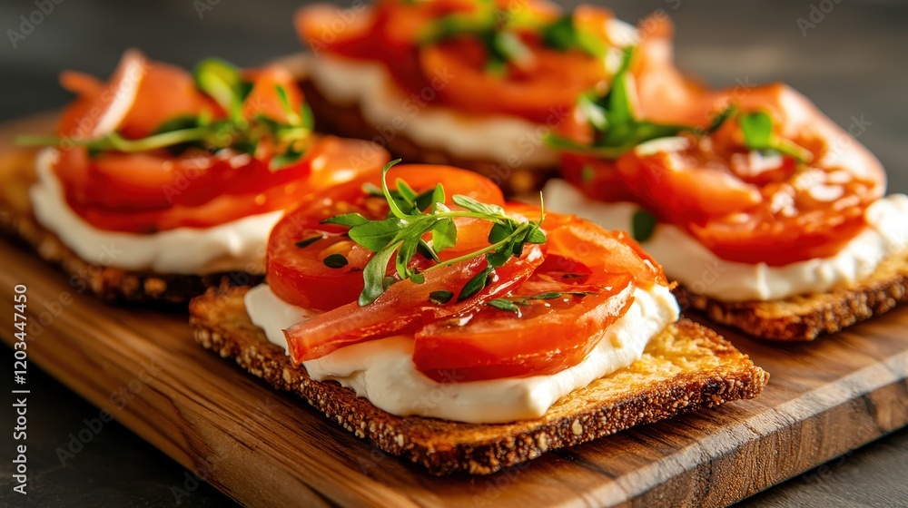 This image features a beautiful arrangement of toasted bread topped with sliced tomatoes and fresh greens, showcasing vibrant colors and an appealing presentation for food lovers. This image features a beautiful arrangement of toasted bread topped with sliced tomatoes and fresh greens, showcasing vibrant colors and an appealing presentation for food lovers.
