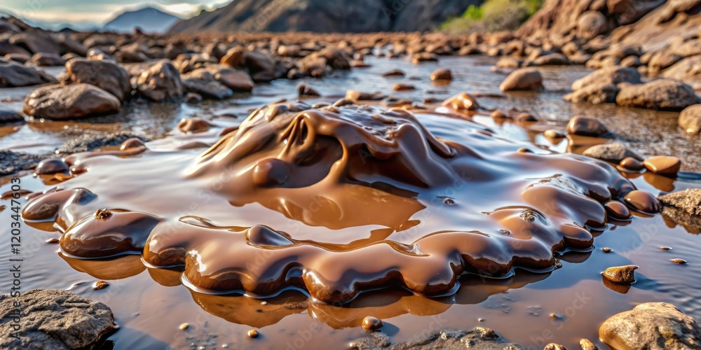 Fototapeta premium A large puddle of murky brown slime on a rocky surface, puddle, mud, rock