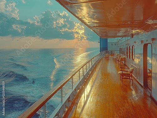 A 1960s cruise ship features white streamlined upper decks with teak wood and two blue funnels in the sunlight photo