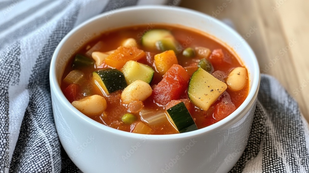 Hearty vegetable soup with zucchini and beans in white bowl for cozy autumn meals Hearty vegetable soup with zucchini and beans in white bowl for cozy autumn meals