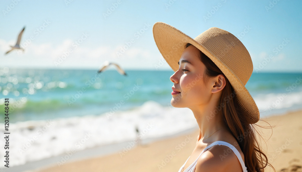 Serene young woman enjoying beach waves under bright sun, tranquility Serene young woman enjoying beach waves under bright sun, tranquility
