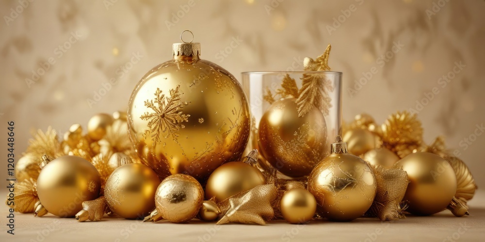 A collection of golden Christmas ornaments in a glass vase on a beige background , decorative accents, Christmas decoration, A collection of golden Christmas ornaments in a glass vase on a beige background , decorative accents, Christmas decoration,