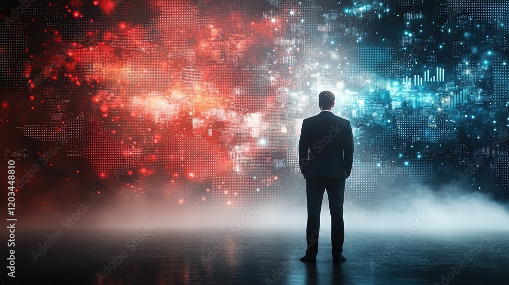 Futuristic CEO engaging with a digital interface, vibrant holographic charts illustrating modern leadership dynamics and innovation Futuristic CEO engaging with a digital interface, vibrant holographic charts illustrating modern leadership dynamics and innovation