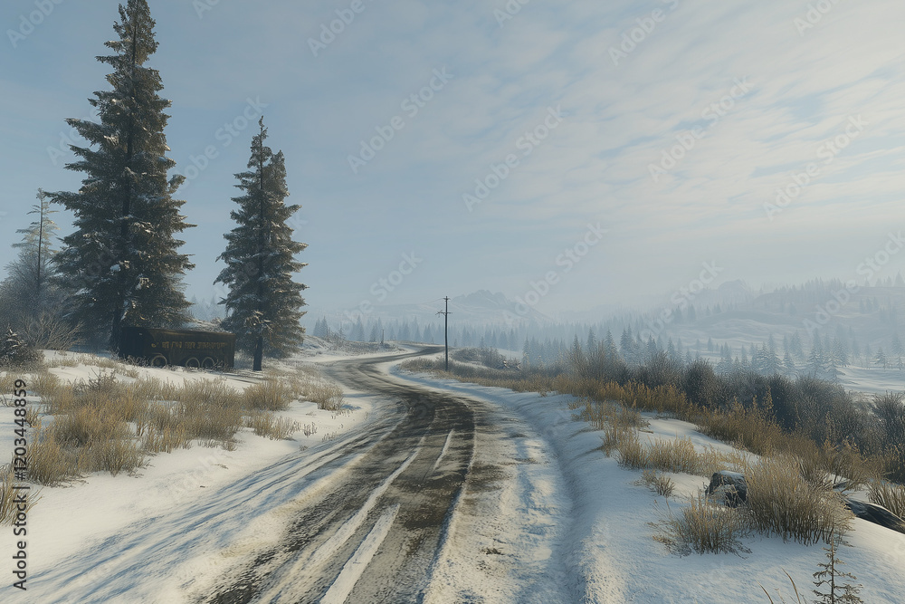 Obraz premium Snowy Winter Road in a Mountain Landscape