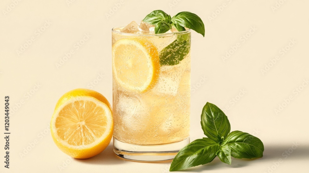 A Lemon Basil Spritzer in a tall glass, garnished with a lemon wedge and a sprig of fresh basil, with the effervescent bubbles rising to the top. The drink sits on a textured stone surface A Lemon Basil Spritzer in a tall glass, garnished with a lemon wedge and a sprig of fresh basil, with the effervescent bubbles rising to the top. The drink sits on a textured stone surface