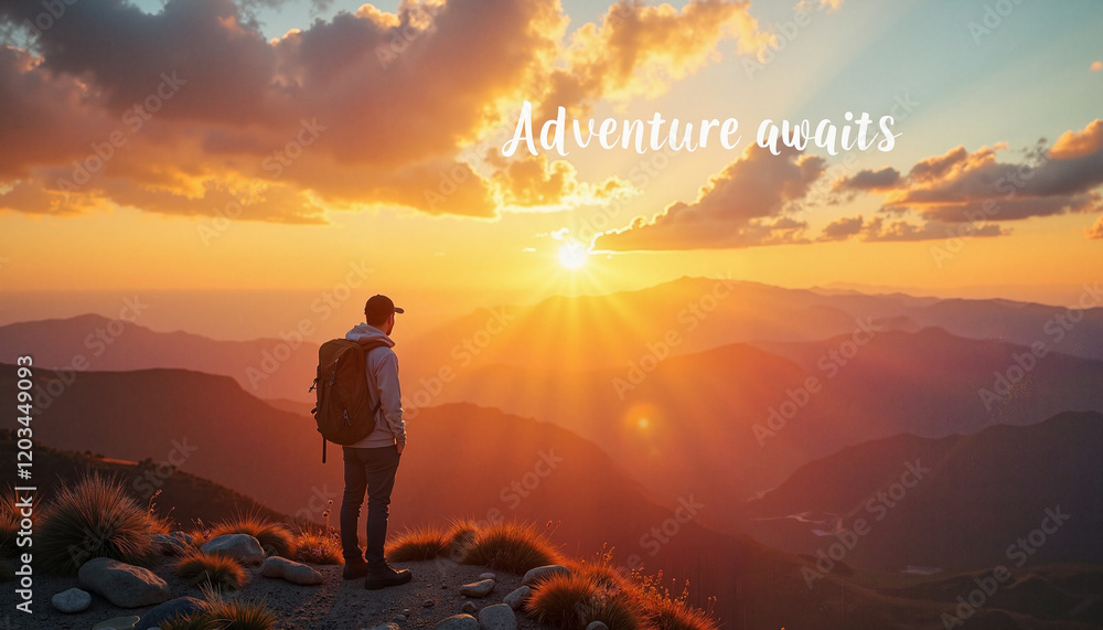 Obraz premium Traveler contemplating golden sunset view atop mountain, adventure awaits