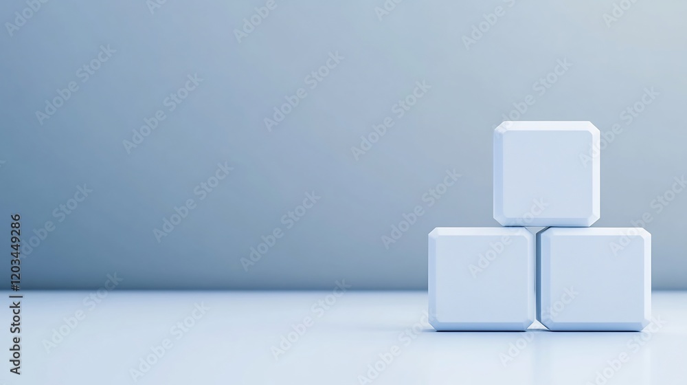 Three white cubes neatly stacked against a calm blue backdrop. AI Generated Three white cubes neatly stacked against a calm blue backdrop. AI Generated