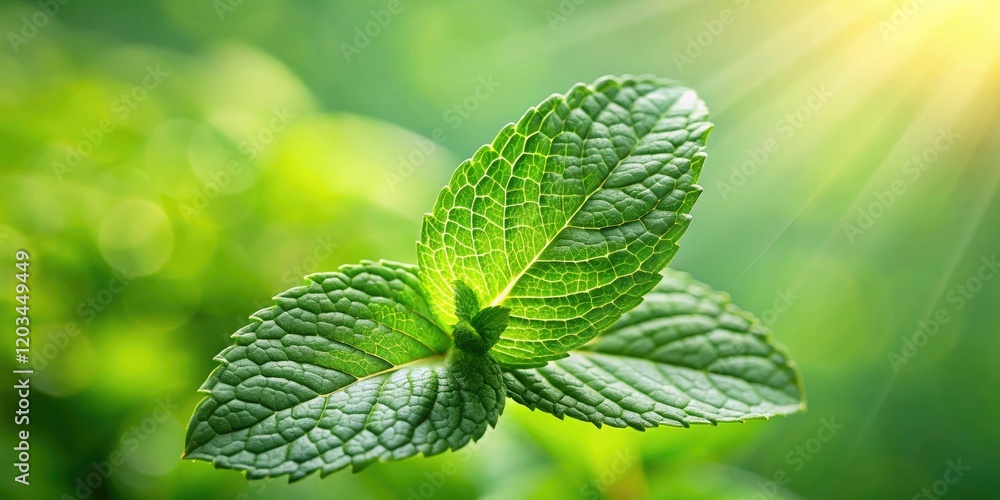 A close-up shot of a fresh mint leaf on a green background with soft focus and natural light, botanical, leaves, agriculture A close-up shot of a fresh mint leaf on a green background with soft focus and natural light, botanical, leaves, agriculture