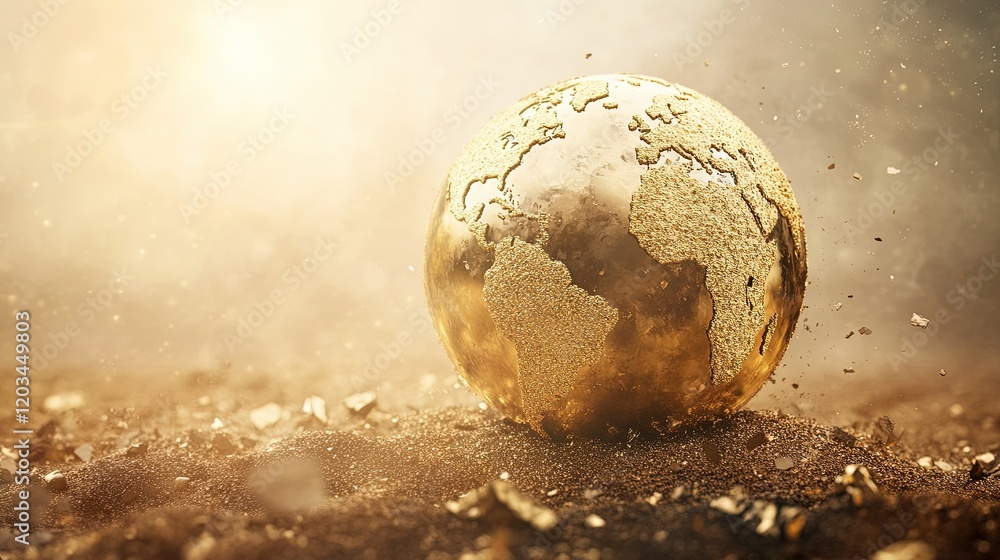 Golden globe symbolizing global investment, opulence and opportunity, representing wealth and interconnected economies worldwide