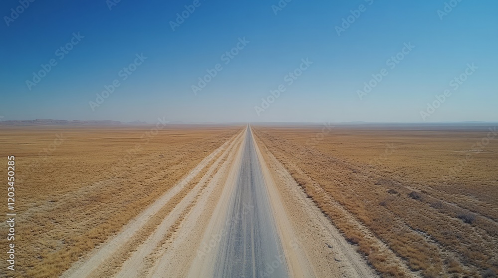Fototapeta premium Open road stretching into the distance, surrounded by blank desert for text 