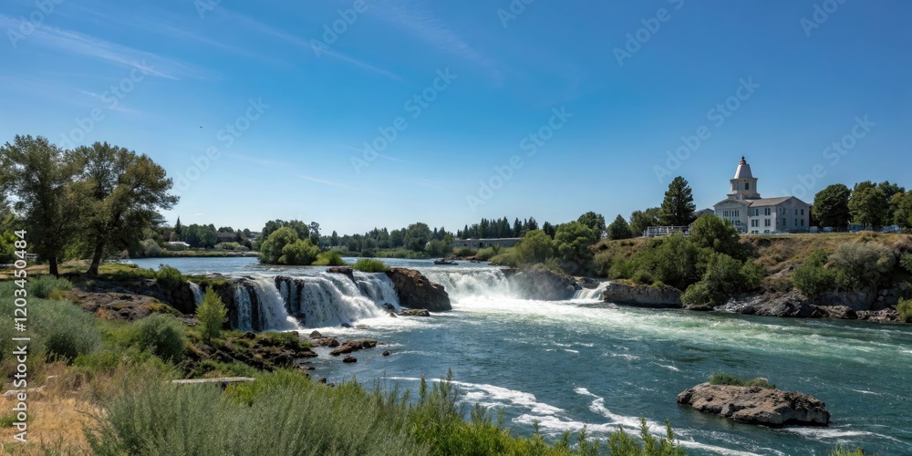 Fototapeta premium A brilliant blue sky above the waterfalls of Idaho Falls, blue sky, clear blue, idaho falls, waterfalls
