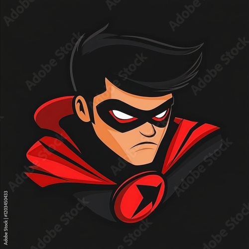 Superhero Portrait: A stylized illustration of a superhero's determined face,  with dark hair, a red cape, and a red star emblem. His intense gaze conveys power and readiness. 