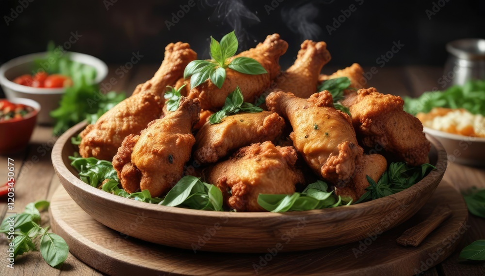 Fototapeta premium A bowl of steaming hot spicy fried chicken garnished with fresh basil leaves and served on a rustic wooden plate , cozy atmosphere, spicy