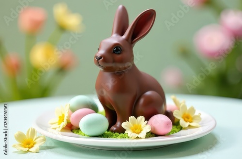 Easter Bunny Figurine in Mocha-Mousse Chocolate with Elegant Holiday Styling photo