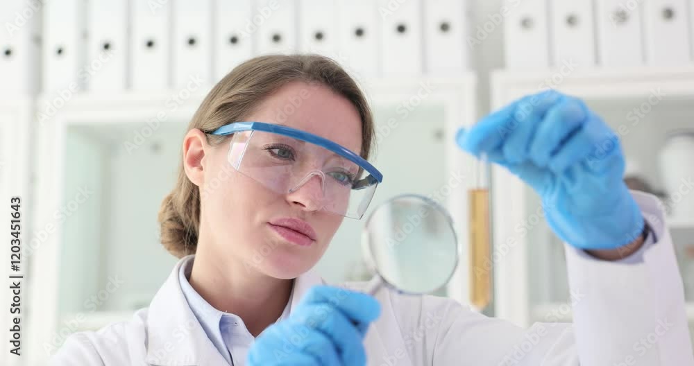 Chemist uses magnifying glass to study properties of liquid. Woman lab assistant searches for signs of chemical reactions. Slow motion Chemist uses magnifying glass to study properties of liquid. Woman lab assistant searches for signs of chemical reactions. Slow motion
