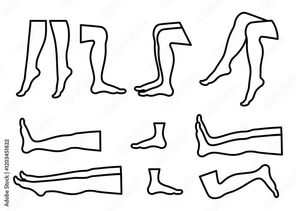 Human leg pose icon set. Line style collection. Line thin editable stroke. For animation graphic, mobile, web, app. Vector illustration Human leg pose icon set. Line style collection. Line thin editable stroke. For animation graphic, mobile, web, app. Vector illustration