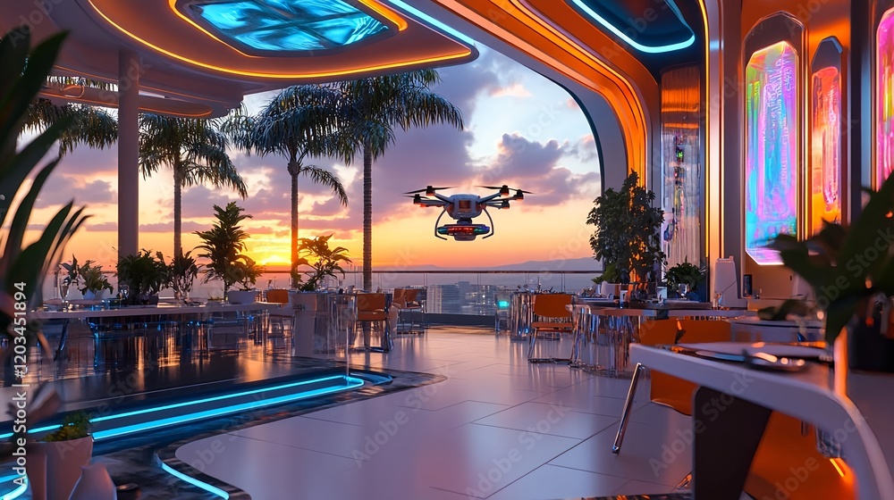 Fototapeta premium futuristic rooftop restaurant drone delivery - futuristic design