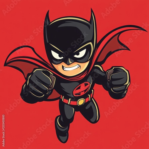 Little Bat: A charming illustration of a little superhero with a determined look, donning a black and red costume with a cape, ready to take on any challenge, against a bold red background.