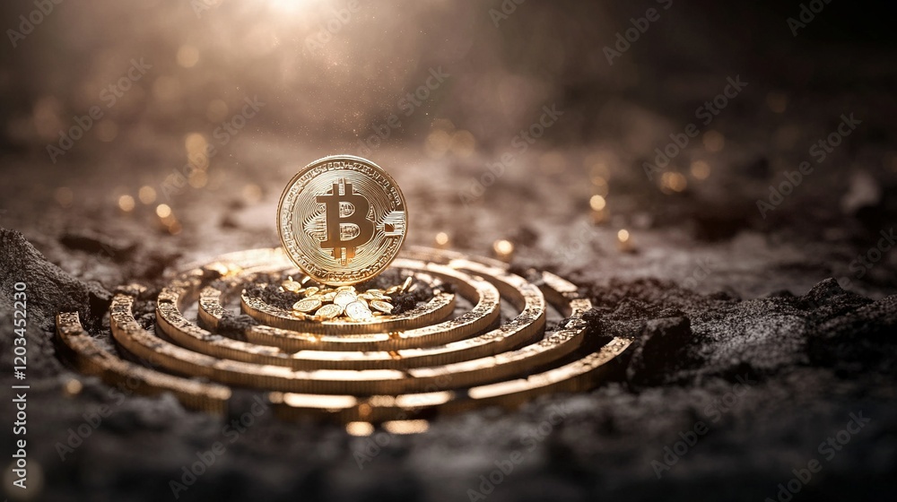 Golden maze leading to treasure, symbolizing a journey through challenges to financial success, vibrant and intricate design