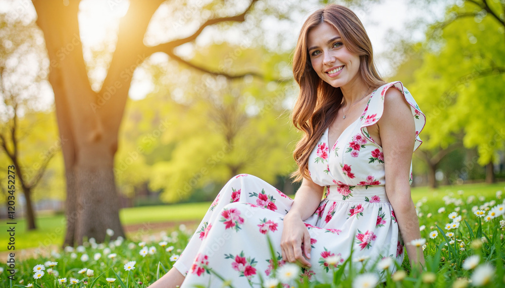 Cheerful young woman enjoying sunny spring park, joyful moment Cheerful young woman enjoying sunny spring park, joyful moment