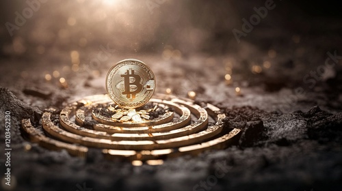 Golden maze leading to treasure, symbolizing a journey through challenges to financial success, vibrant and intricate design