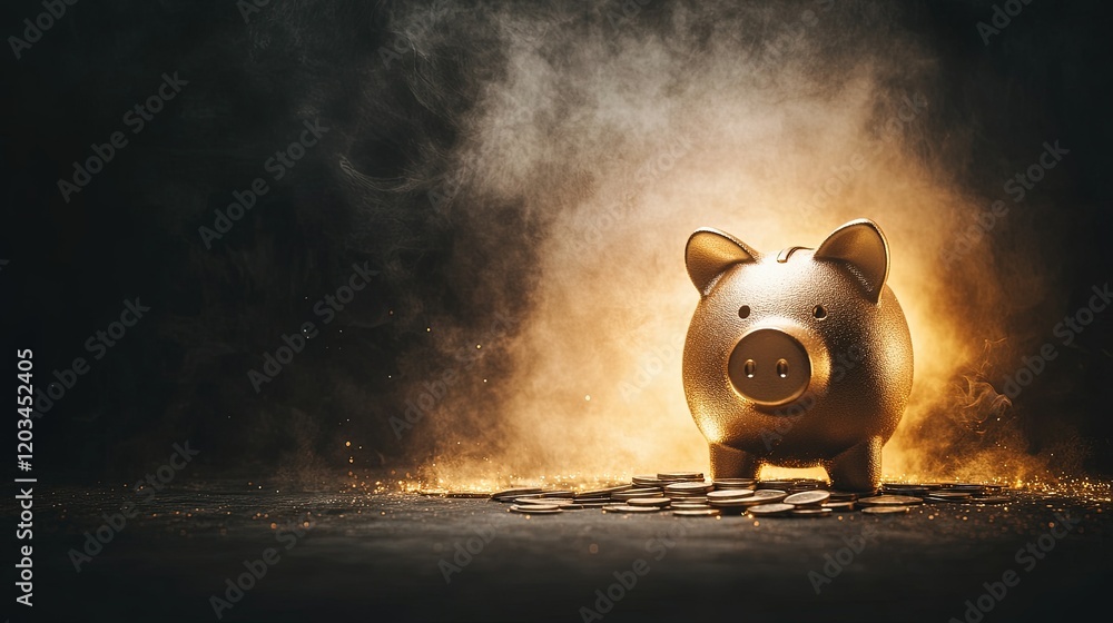 Golden piggy bank with luminous coin trails, representing financial growth, disciplined savings habits, and budgeting success.