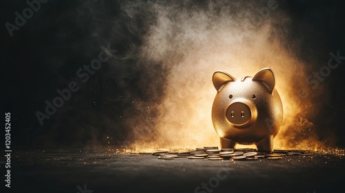 Obraz na płótnie Golden piggy bank with luminous coin trails, representing financial growth, disciplined savings habits, and budgeting success. w salonie