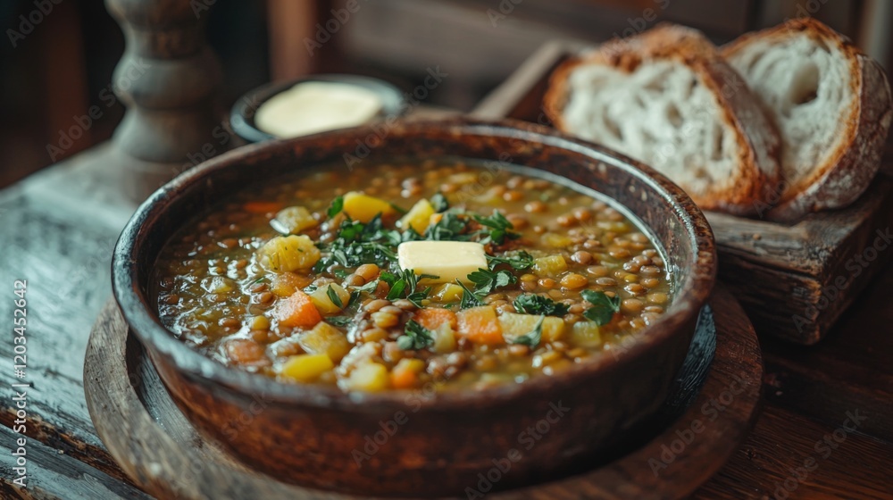 Rustic table setting with lentil vegetable stew and bread Rustic table setting with lentil vegetable stew and bread