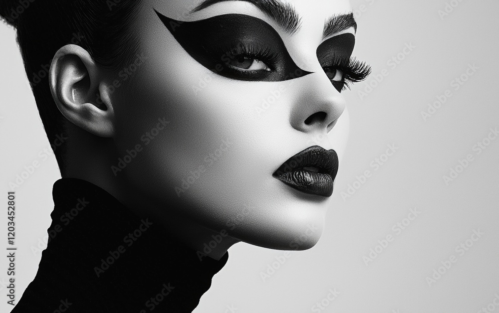 A high-fashion beauty close-up of a woman with striking makeup, set against a minimalist monochrome backdrop A high-fashion beauty close-up of a woman with striking makeup, set against a minimalist monochrome backdrop