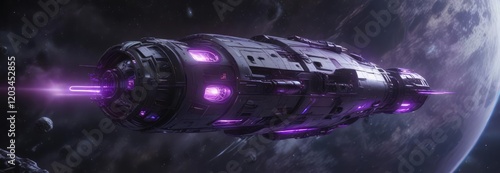 A personless, futuristic spacecraft features a glowing purple communication array on its hull, spaceship, communication array, futuristic photo