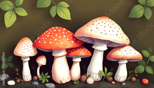 Illustration of mushrooms, 8k, with white tones photo