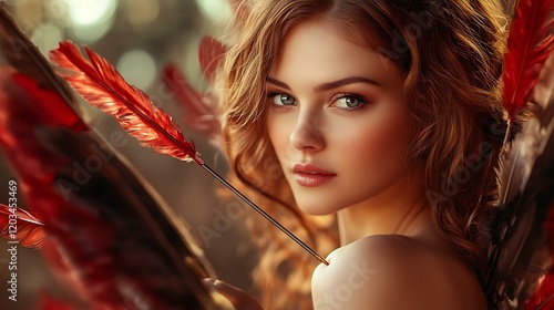 A professional woman with Cupid's tools aiming for love with precision