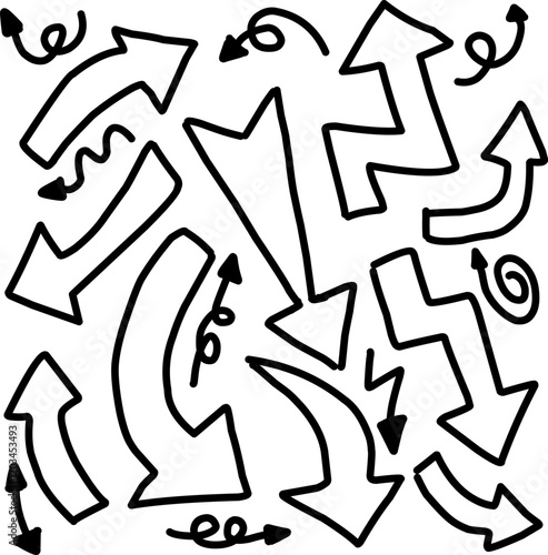 A collection of hand-drawn black arrows in various styles and directions, including straight, curved, wavy, and zigzag patterns, scattered on a white background.