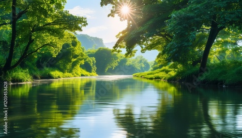 the serene water surface of the river, stretching between the green rows of shady trees of the forest thicket, towards the sparkling rays of the sun, the serene natural expanse of nature