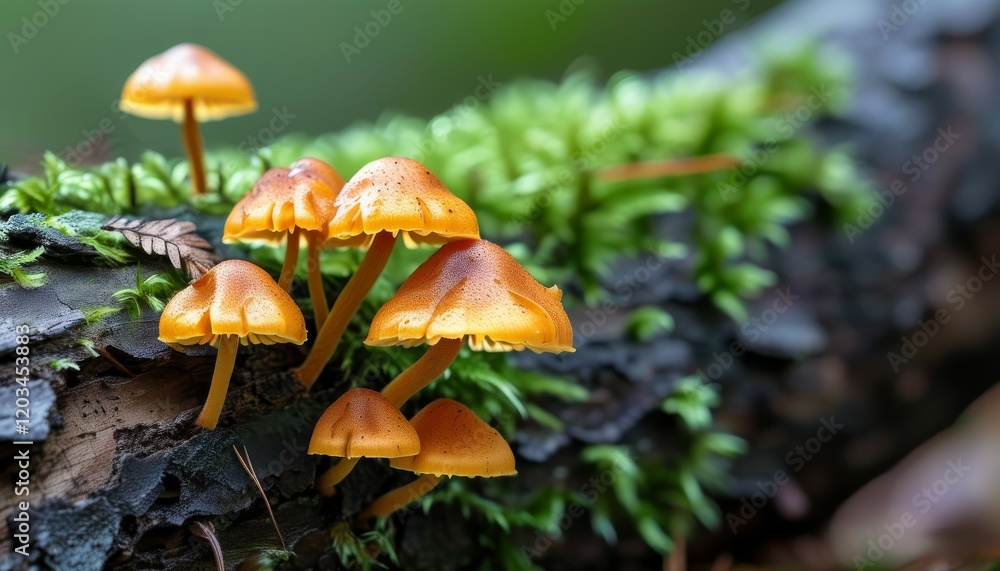 yellow mushrooms of sawdust on a stump in the forest, overgrown with moss yellow mushrooms of sawdust on a stump in the forest, overgrown with moss