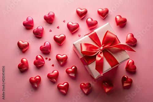 Pink hearts and a gift box soar above, a romantic aerial Valentine's Day spectacle.