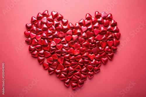 Pink hearts and red heart decorations create a romantic Valentine's Day flat lay.