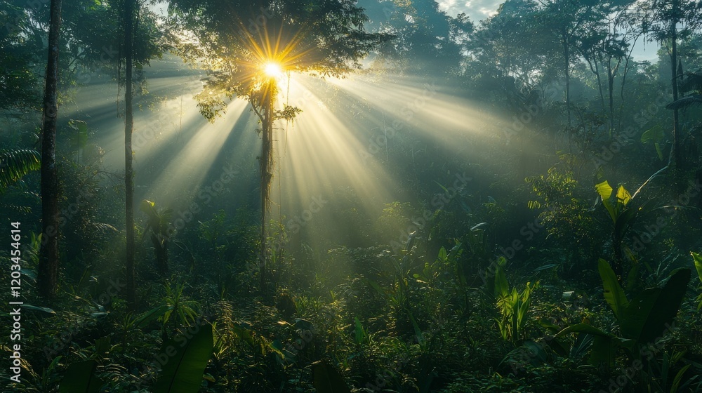 Fototapeta premium Sunlight Filtering Through the Trees Creates a Magical Scene in the Mystical Rainforest at Dawn