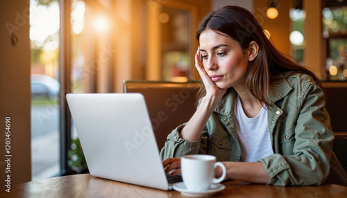 Free Download Thoughtful young woman working on laptop in cozy cafe, focused mindset - GFXLoad