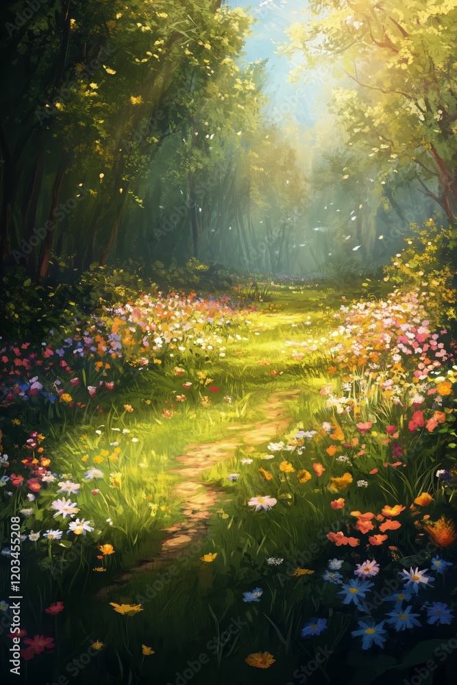 Obraz premium Serenity in a sunlit forest pathway surrounded by wildflowers and lush greenery