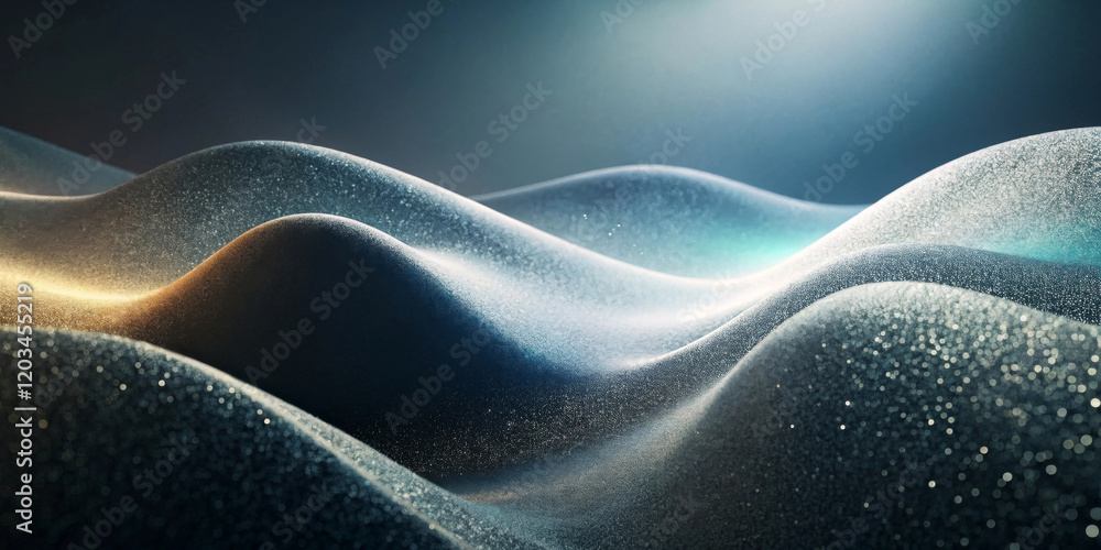 Obraz premium The soft undulating waves of glittering particles create a surreal landscape,the light casts a subtle glow on the curves.The interplay of shadow and light creates a sense of serene otherworldliness.AI